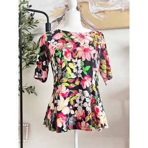 Guess Floral Peplum Top XL Black Pink Tropical Cutout Back Short Sleeve Blouse